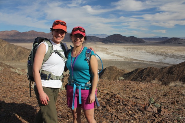 Dr. Phoebe Cohen ® demonstrates that not all field clothes have to be olive green or khaki, while doing fieldwork in Death Valley, California with Smithsonian/University of Maryland PhD student Sarah Tweedt.
