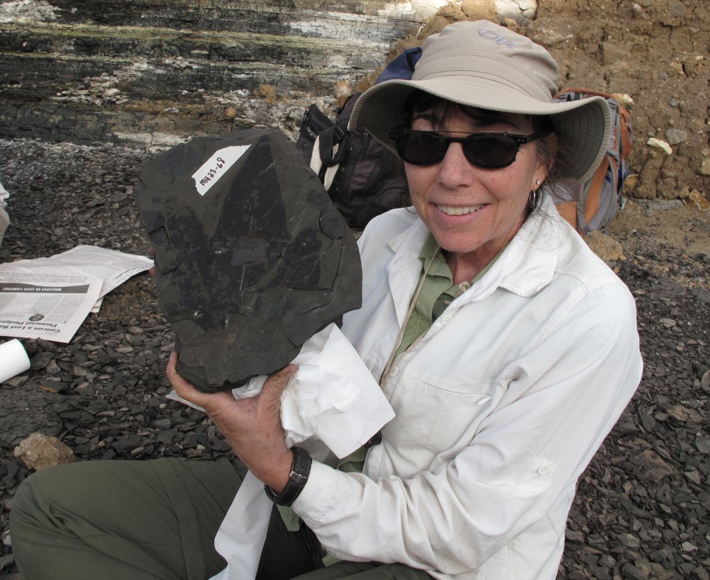 Dr. Bonnie Jacobs and a 22 million year old plant fossil from the Mush Valley, Ethiopia