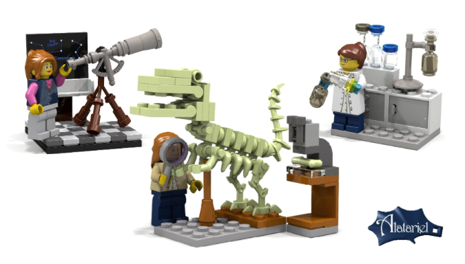 “Although recently LEGO® has started to design and add more female figures to their sets, they are still a minority. A small set of minifigures would provide a great opportunity to add women to our LEGO® town or city communities. I have designed some professional female minifigures that also show that girls can become anything they want, including a paleontologist or an astronomer. Being a geochemist myself the geologist and chemist figures are based on me:-) Due to the limitations of LDD the heads and hairstyles I used here are a bit limited. Ideally, Lego would use some 'rare' face and hair designs if they were to produce a set.” – Ellen Kooijman, https://ideas.lego.com/projects/15401